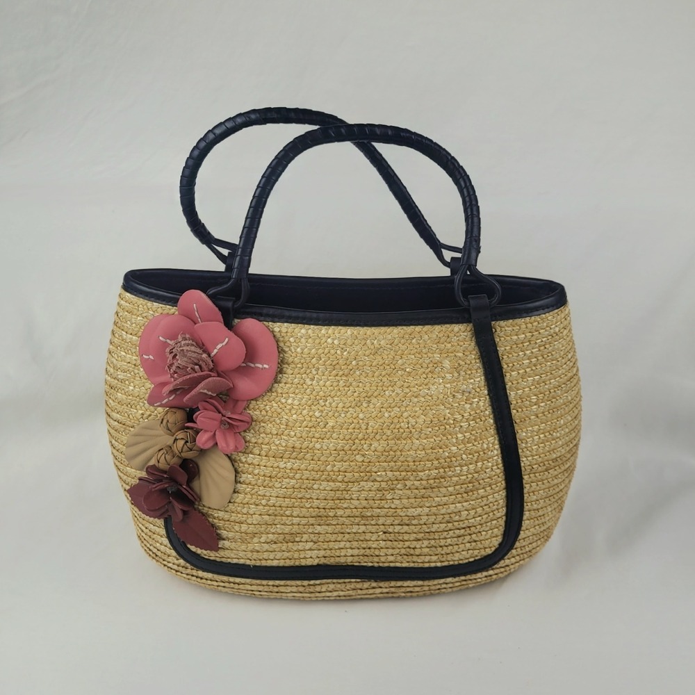 Cole Haan Woven Straw Tote Bag Black Leather Trim Floral Applique Summer Handbag